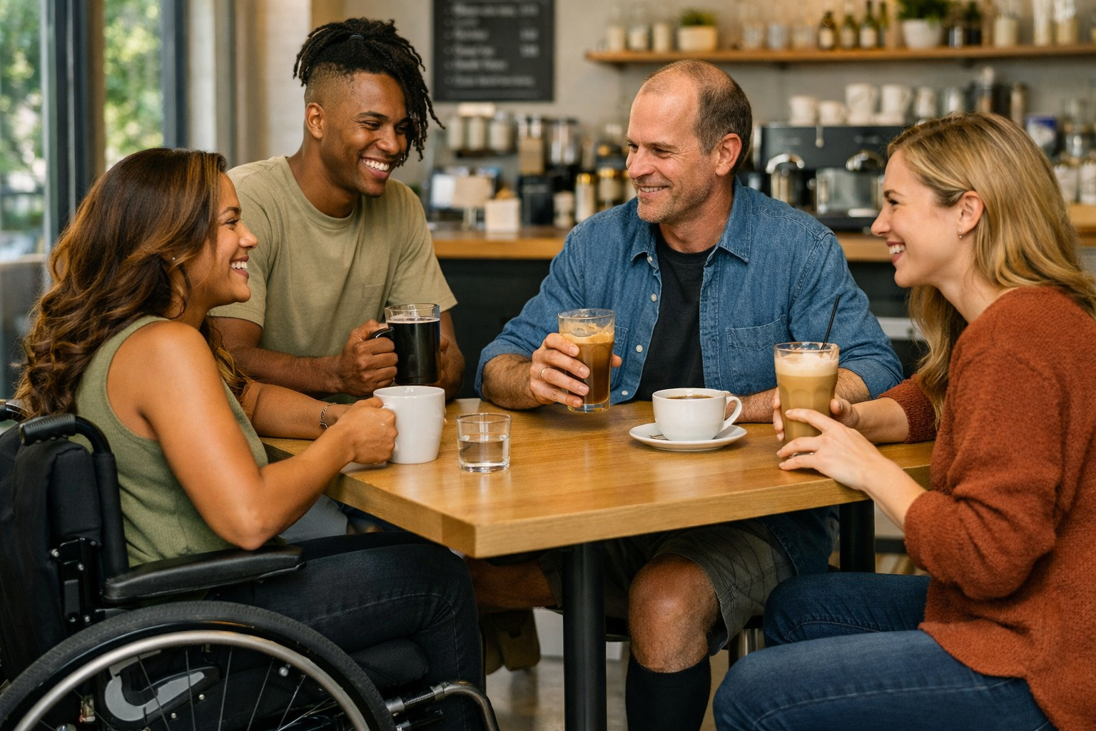 Groupe de personnes diverses partageant un moment dans un bar, incluant une femme en fauteuil roulant et un homme avec une prothèse, dans un lieu accessible à tous.