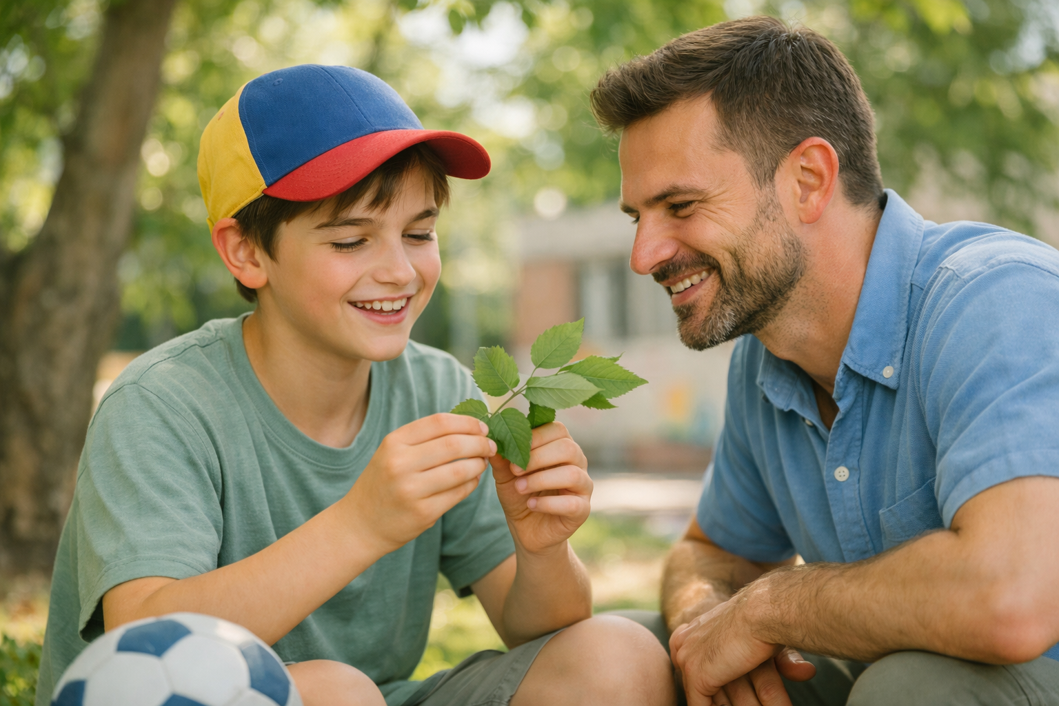 Un jeune homme souriant atteint de trisomie 21 partage un moment complice avec un homme plus âgé, illustrant l’importance de l’écoute et de l’inclusion.