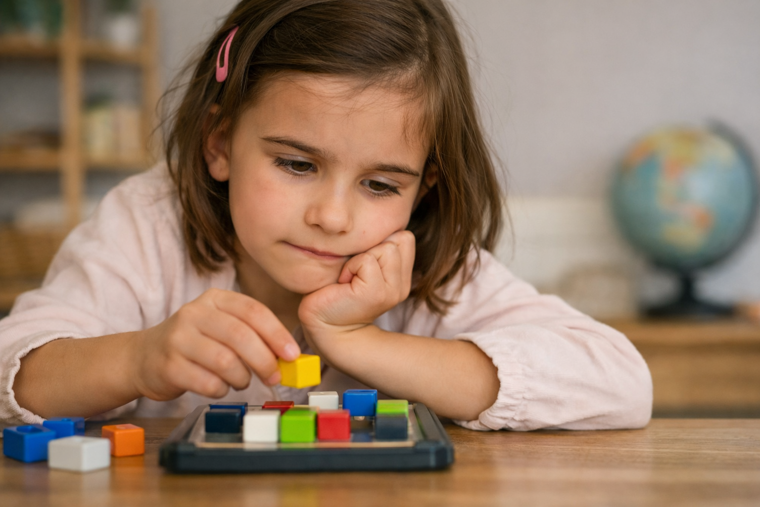 Jeune enfant concentré qui joue avec des blocs colorés pour stimuler ses capacités cognitives.