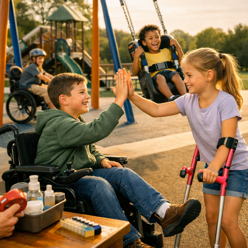 Deux enfants se prennent dans les bras, l’un d’eux est assis dans un fauteuil roulant. L’image illustre l’inclusion, l’amitié et la mobilité adaptée chez les jeunes.