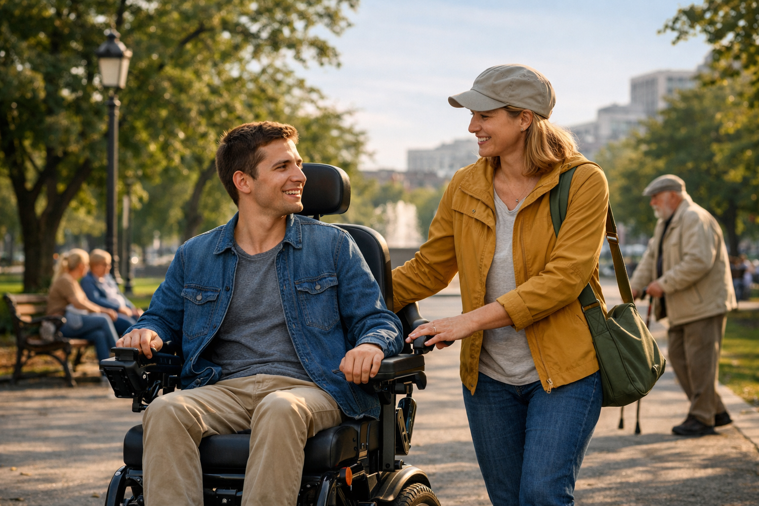 Trois amis discutent dehors, dont un homme en fauteuil roulant, lors d'une sortie conviviale en nature.